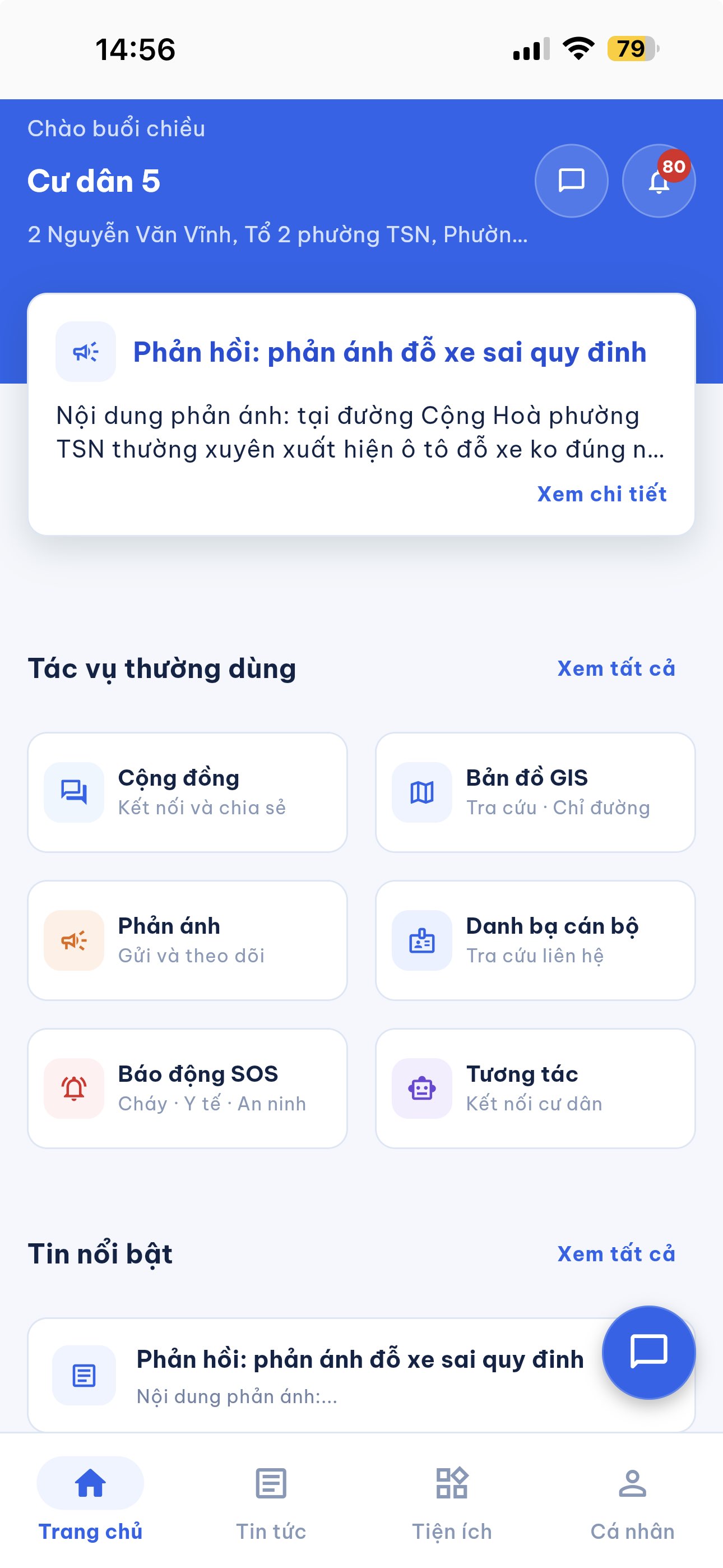 Giao diện PDM trên điện thoại dành cho người dân với các tiện ích và thông báo